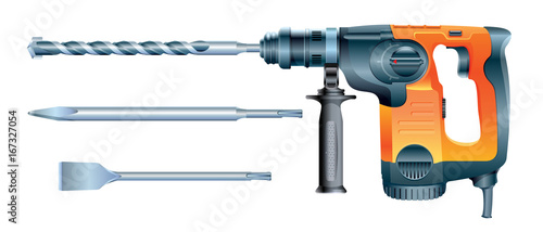 stock vector rotary hammer drill machine and hammer drill bits