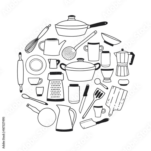 Kitchenware contour set on white background. Round composition with stylized hand drawn doodle dishes vector illustration.