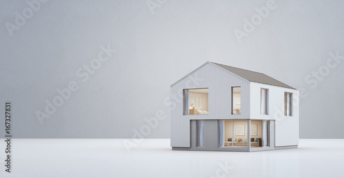 Scandinavian house in modern design with copy space, New home for big family on empty white floor and concrete wall background - 3d rendering of residential building