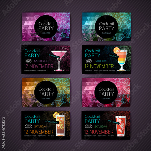 Disco triangle geometric background. Set of Cocktail party card