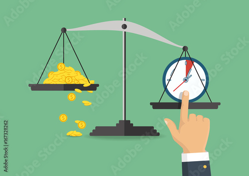 Vector illustration. Money and time balance on the scale. Business concept.