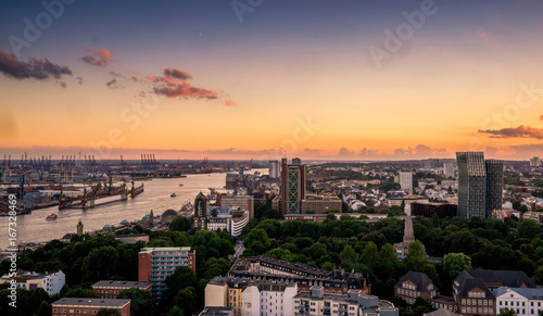 Sunset panorama of Hamburg city with harbor