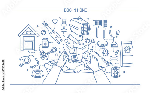 Dog in home contour banner with pet toys, meds and puppy meals. Horizontal outline line art vector illustration.