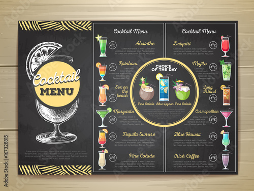 Vintage chalk drawing flat cocktail menu design. Corporate identity