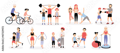 Family sports activity collection. Mothers and fathers with children set. Bosu, weightlifting, boxing, jumping rope, tennis, football, jogging, yoga, cycling training. Colorful vector illustration.