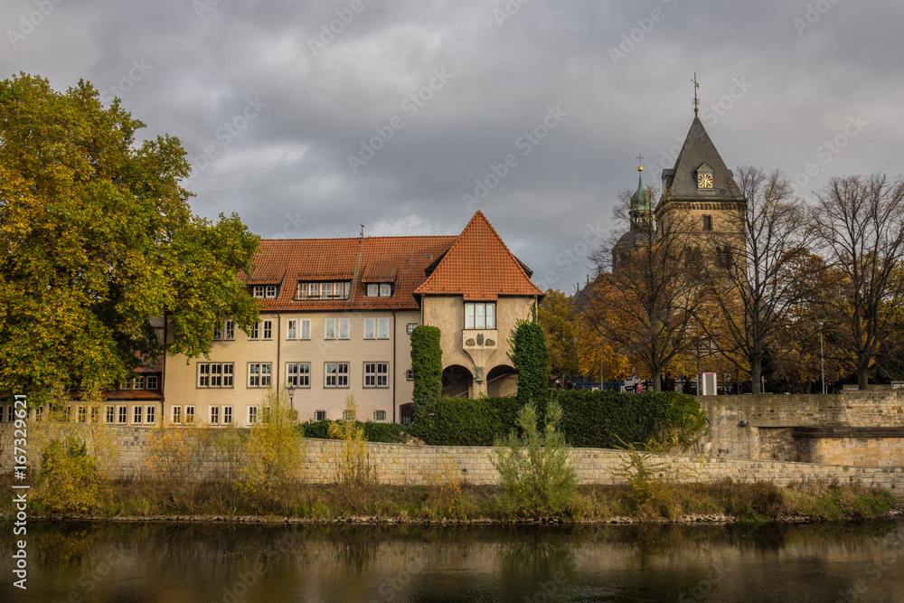 The old city Hamelin on a river, Germany