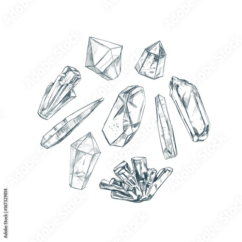 Healing crystals. Vector hand drawn illustration. Isolated objects. Yoga. Spirituality