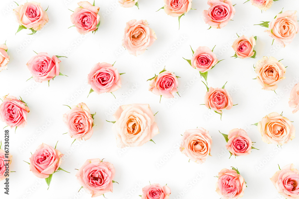 Floral pattern made of pink roses on white background Floral pattern made of pink roses on white background