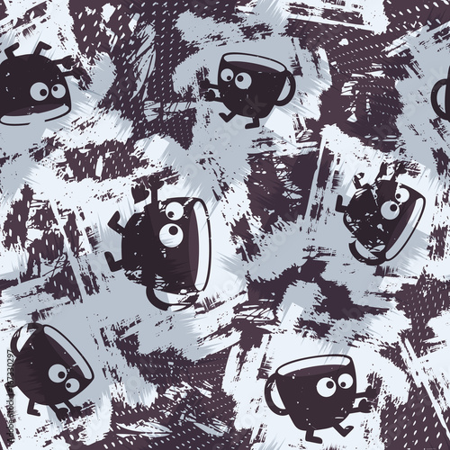 Cartoon coffee cup. Grunge seamless pattern. Vector