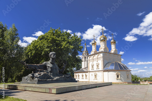 Russia. Ryazan. A monument to famous Russian poet Sergey Yesenin and the Church of our Saviour on Yar (Savior on the Yar)