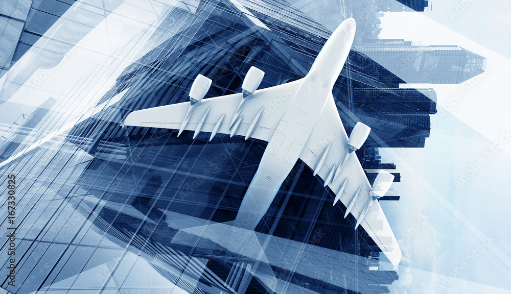 Obraz premium Bottom view of airplane above city. Mixed media