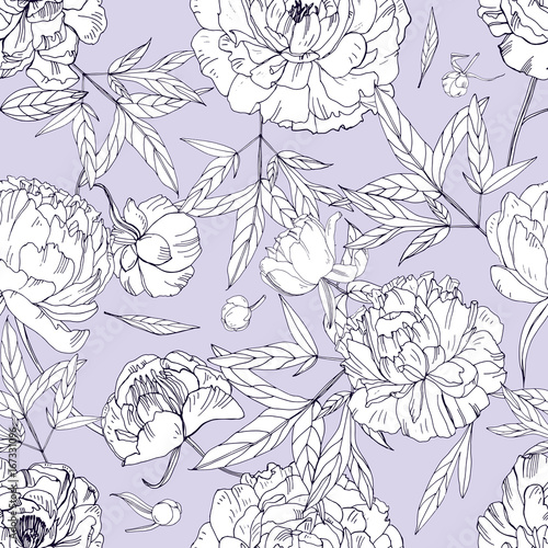 Beautiful peonies seamless pattern. Blossom flowers  buds and leaves. Black and white vector illustration.