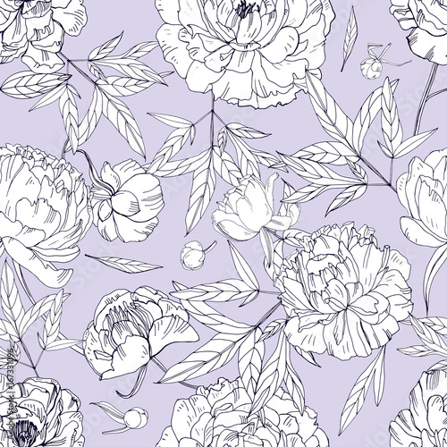 Beautiful peonies seamless pattern. Blossom flowers, buds and leaves. Black a...