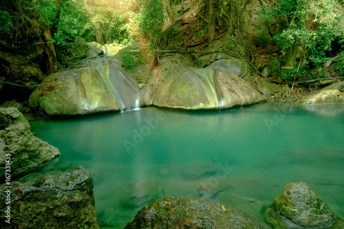 Amazing beautiful deep forest waterfall in Erawan National Park  Kanchanaburi  Thailand