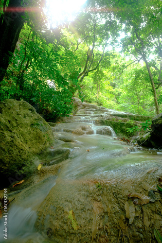 Amazing beautiful deep forest waterfall in Erawan National Park  Kanchanaburi  Thailand