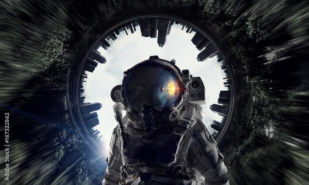 Fototapeta premium Adventure of spaceman. Mixed media