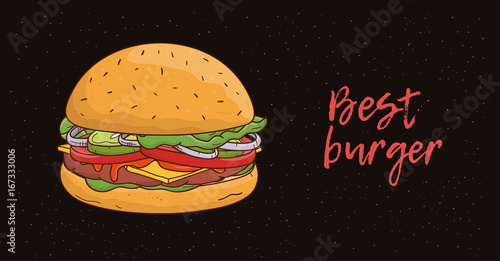Best burger advertising banner. Colorful hand drawn vector illustration with ...
