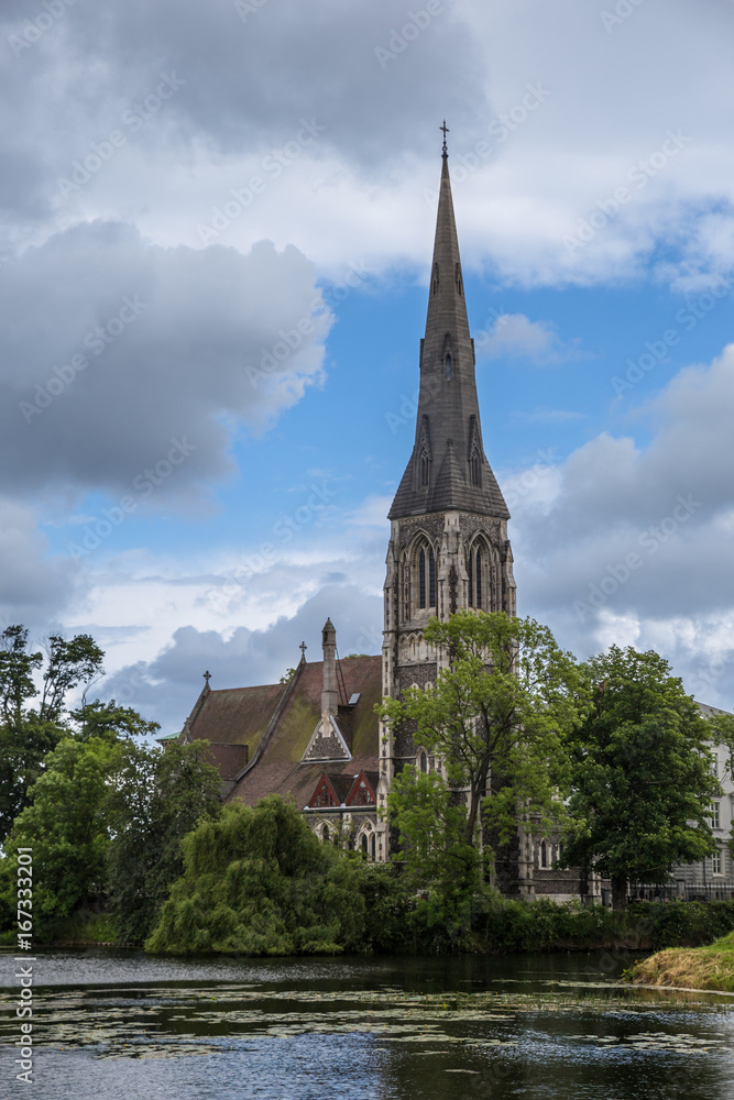 St. Alban’s Church (Den engelske kirke) with Lake in Copenhagen, Denmark, Europe