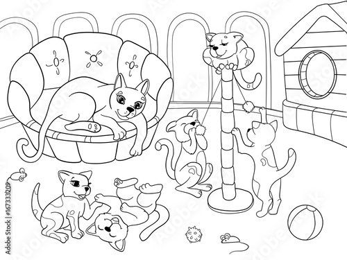 Childrens coloring book cartoon family on nature. Mom cat and kittens children