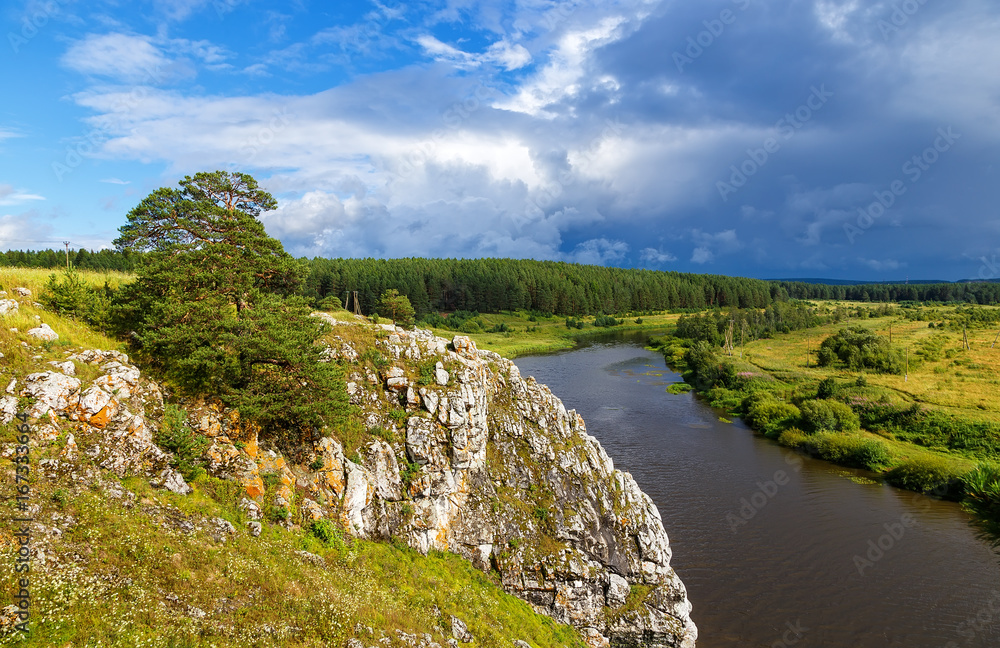 Ural Summer landscape. The Chusovaya river in summer Sunny day. Russia. Ural