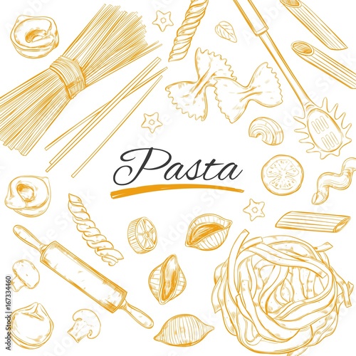 Italian Pasta frame. Different types of pasta. Vector hand drawn illustration. Isolated objects on white. Sketch style photo