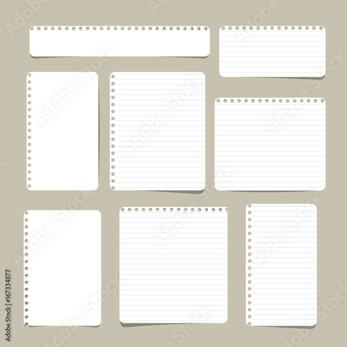 Set of different size ruled and blank note, notebook, copybook paper sheets.