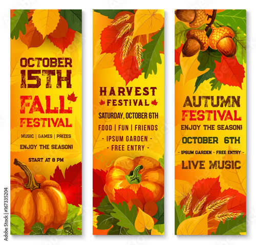 Autumn harvest festival banner with pumpkin, leaf