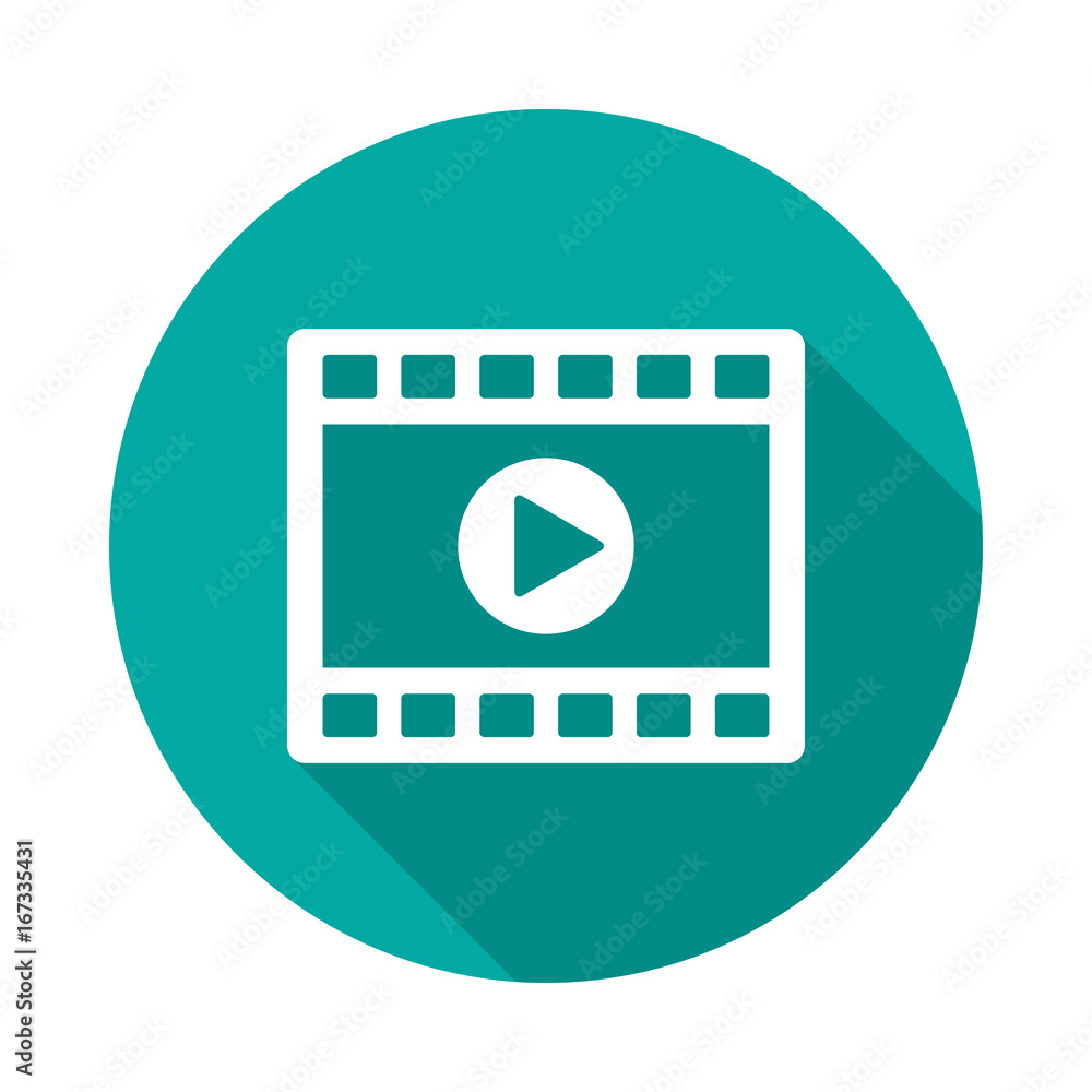 Video clip player icon with long shadow. Flat design style. Movie player  simple silhouette. Modern, minimalist, round icon in stylish colors. Web  site page and mobile app design vector element. Stock Vector