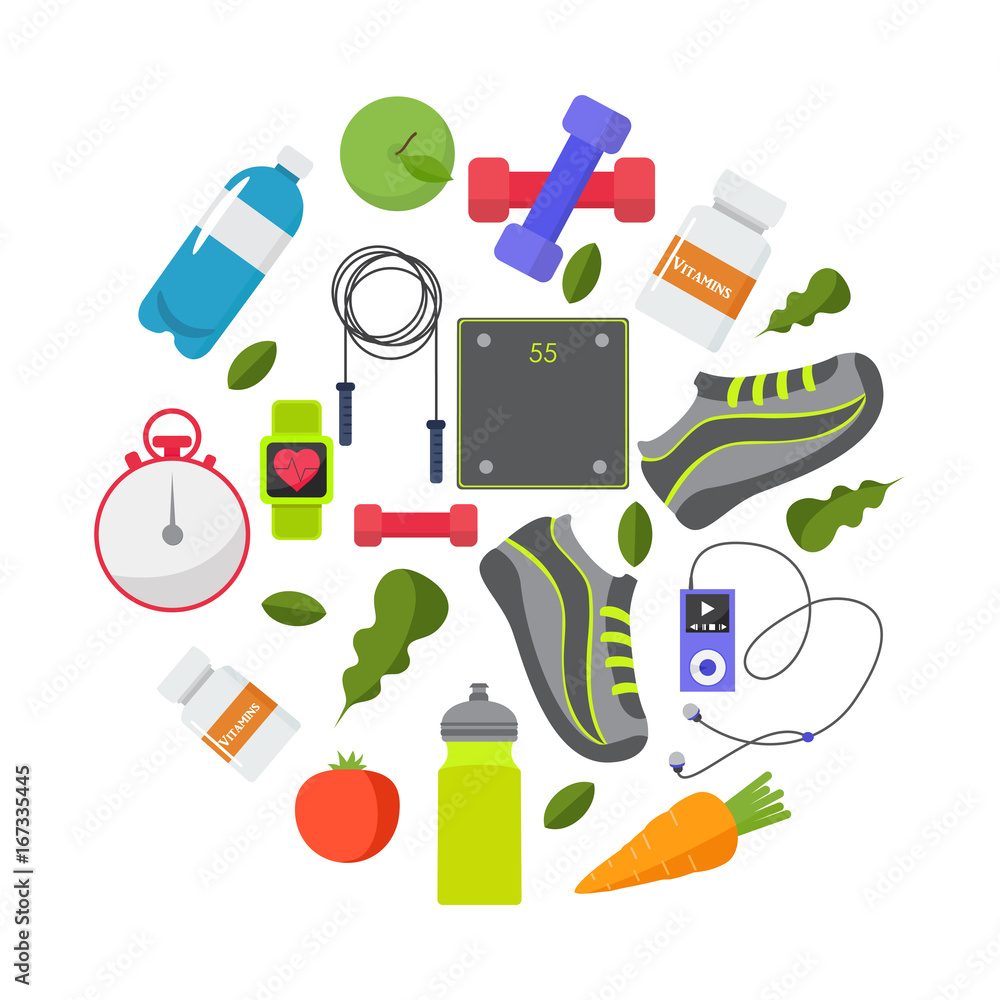 Circular concept of sports, fitness, healthy lifestyle equipment, elements. Vector illustration design