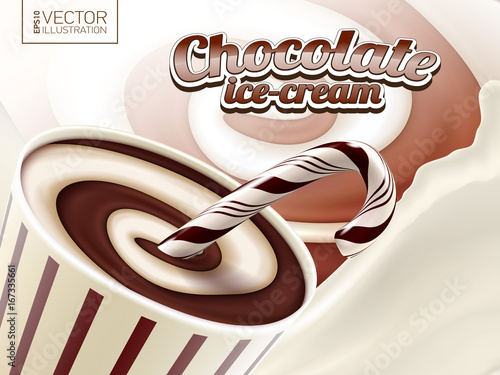 sweet chocolate yogurt, milkshake or ice-cream vector 3d illustration