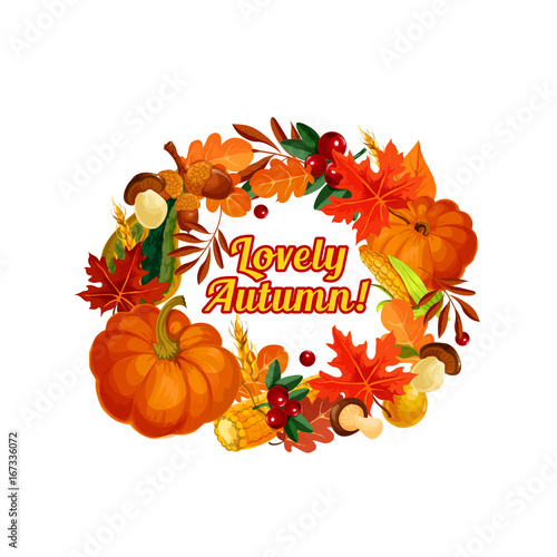 Autumn harvest vector pumpkin  corn leaf poster