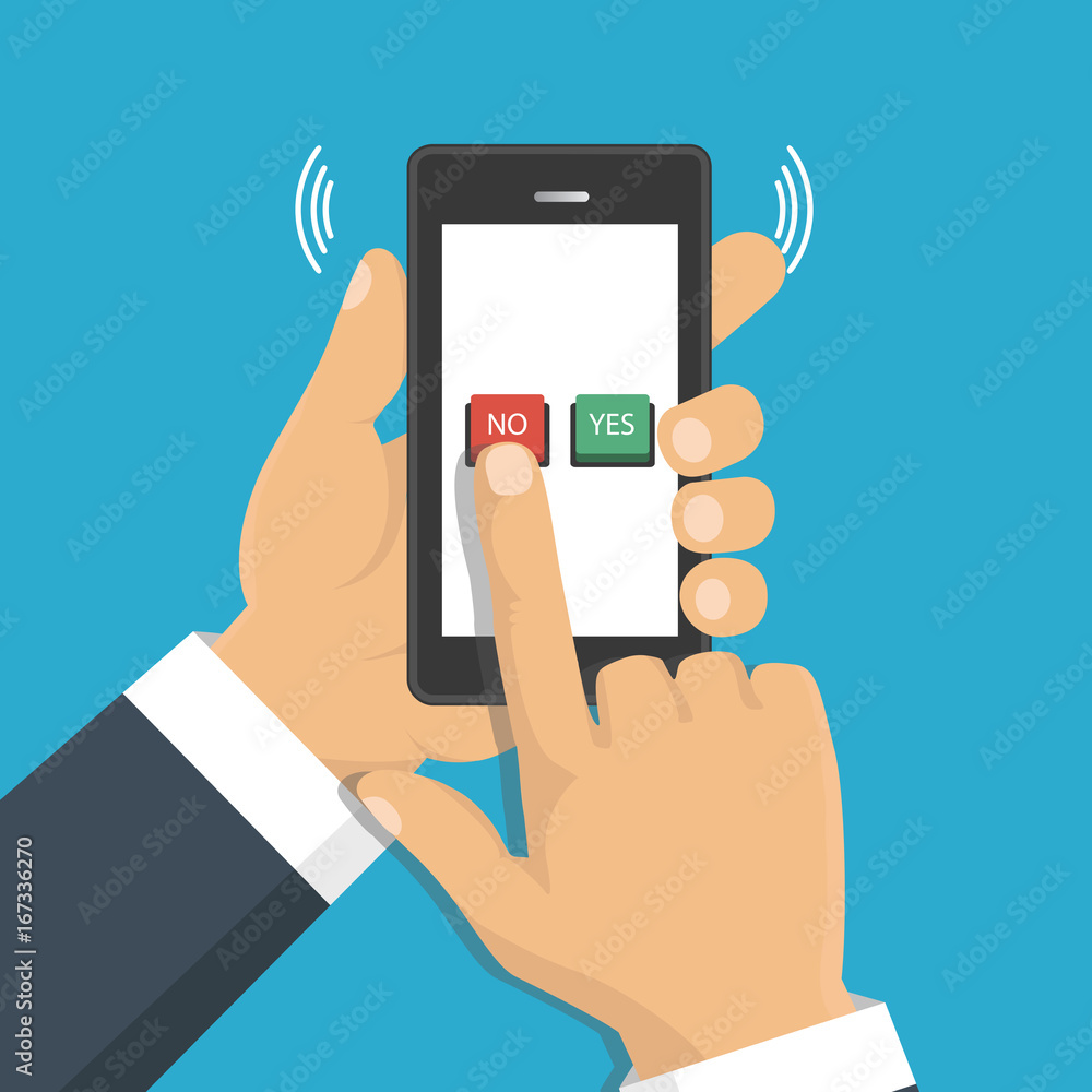 Hand, finger pressing buttons no or yes on a mobile screen, app. Vector illustration.