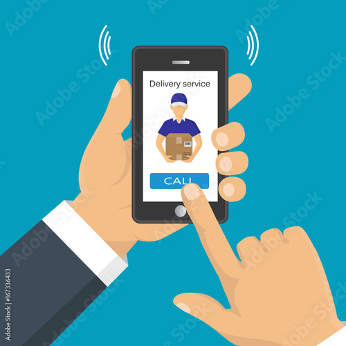 Hand holding a phone, calling in service delivery. Concept of free, fast delivery, shipping. Vector illustration.