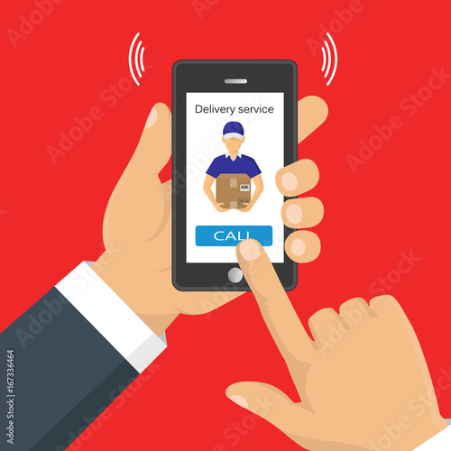 Hand holding a phone, calling in service delivery. Concept of free, fast delivery, shipping. Vector illustration.