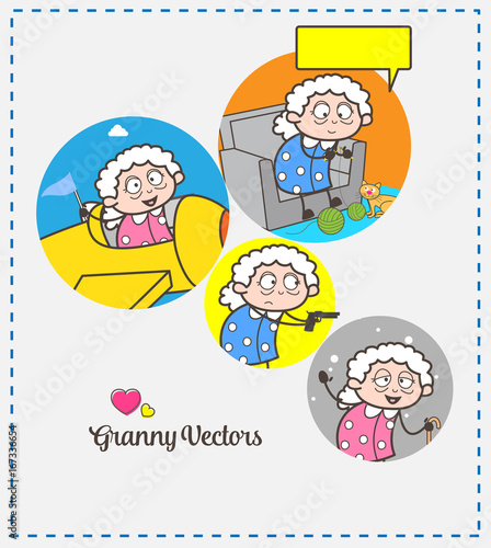 Cartoon Grandma's Different Graphic Concepts Vector Illustrations Set