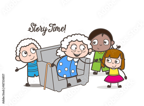 Cartoon Little Kids Playing with Old Woman in Old Age Home Vector Graphic