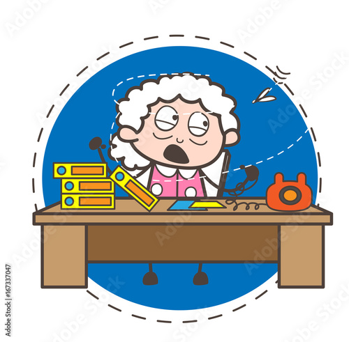 Cartoon A Fly Disturbing Granny When She Dealing a Client Vector Concept