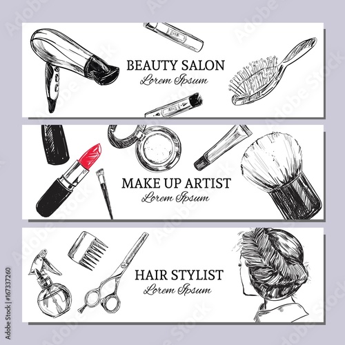 Beauty salon banner with make up objects: lipstick, cream, brush. Template Vector. Hand drawn isolated objects. Cosmetics.