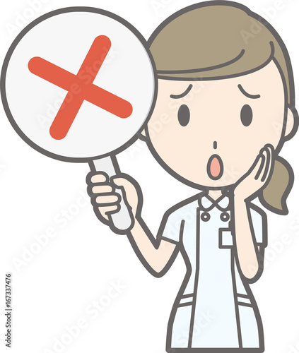 Illustration that a nurse wearing a white suit has a tag of a cross