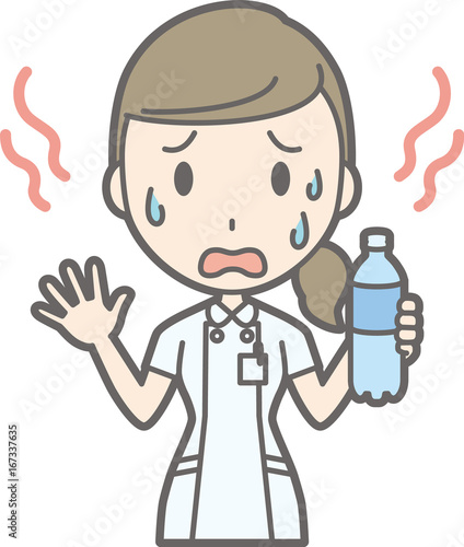 Illustration that a nurse wearing a white suit is hot and sweaty