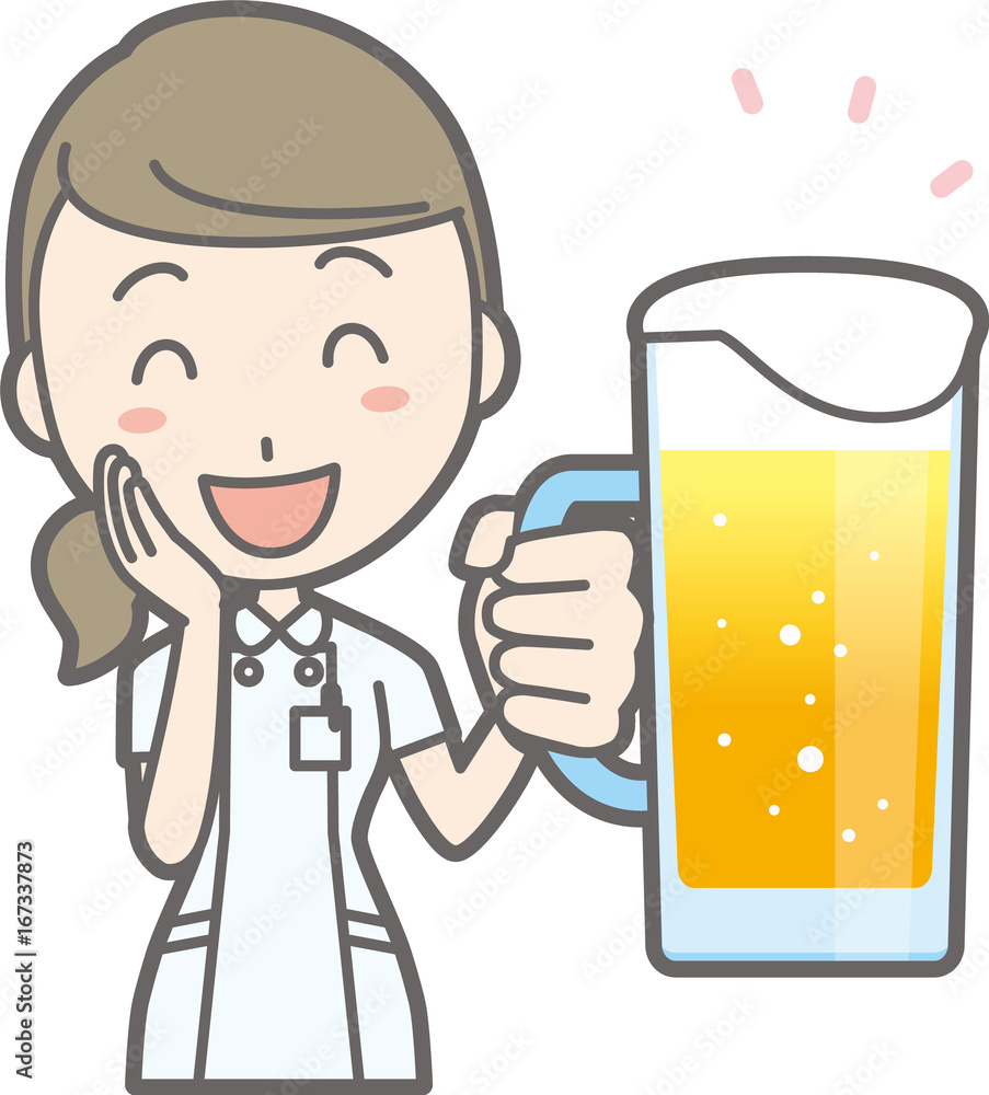 An illustration that a nurse wearing a white suit is laughing with beer An illustration that a nurse wearing a white suit is laughing with beer