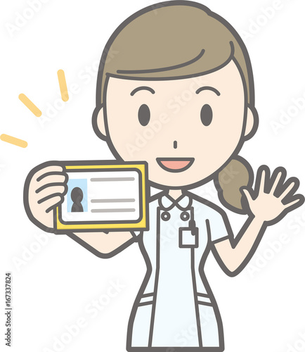 Illustration that a nurse wearing a white suit has an identification card