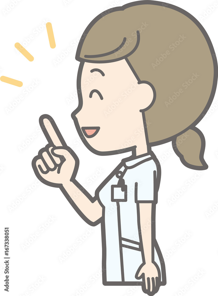 An illustration that a nurse wearing a white garment points sideways and points to a finger An illustration that a nurse wearing a white garment points sideways and points to a finger
