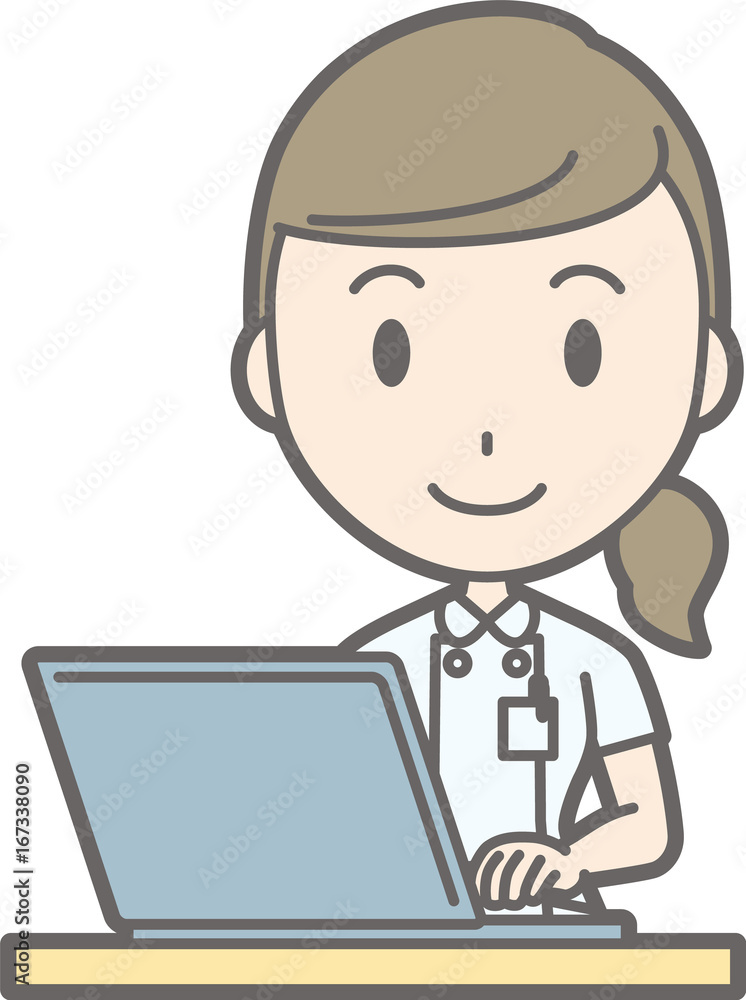 Illustration that a nurse wearing a white suit uses a laptop computer Illustration that a nurse wearing a white suit uses a laptop computer