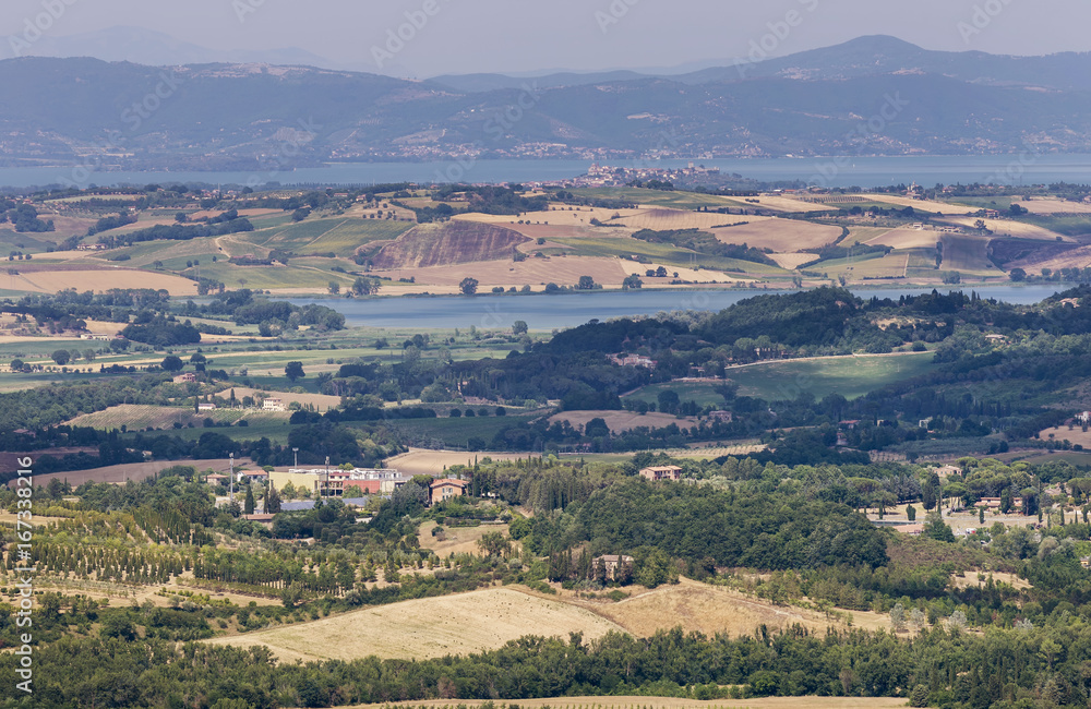 Beautiful aerial view of the lakes of Chiusi and Trasimeno, on the border between Tuscany and Umbria, central Italy