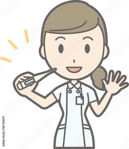 Illustration that a nurse wearing a white suit has a thermometer