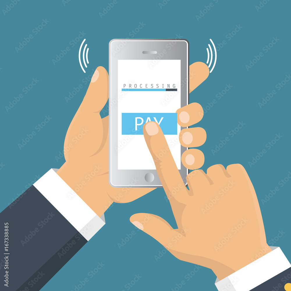 Mobile payment concept. Hand holding a phone. Smartphone wireless money transfer. Flat design. Vector illustration Mobile payment concept. Hand holding a phone. Smartphone wireless money transfer. Flat design. Vector illustration