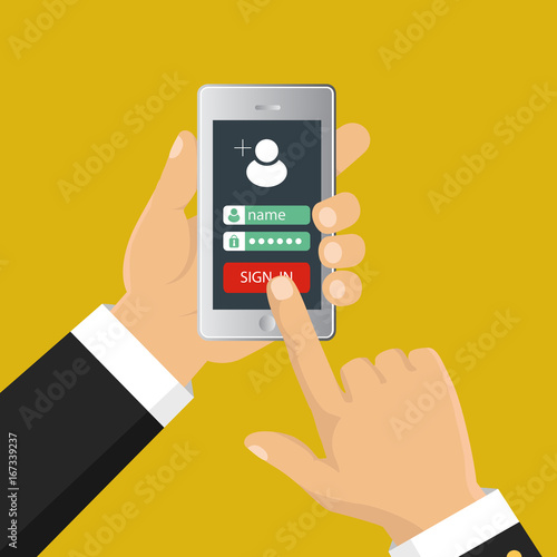Flat design vector illustration. Sign in page on smartphone screen. Hand holding smartphone. Mobile account.