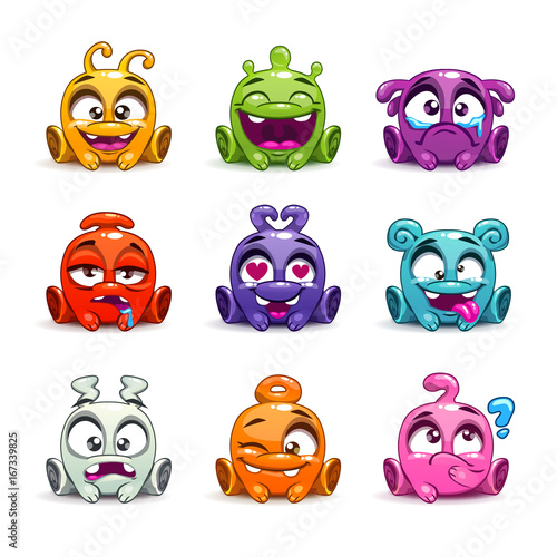 Funny cartoon colorful glossy aliens set.