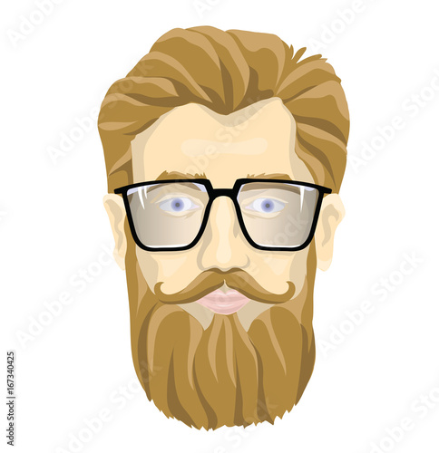 The face of a bearded man with glasses. Vector portrait illustration, isolated on white background.